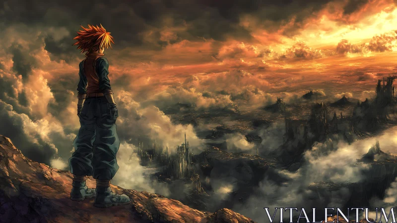 Anime wasteland vista with lone hero under burning sky.