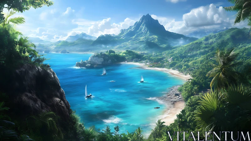 Tropical Paradise Bay with Mountain Peak and Sailboats
