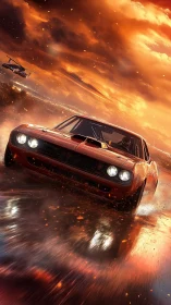 Muscle car slashes through a molten sunset storm of speed