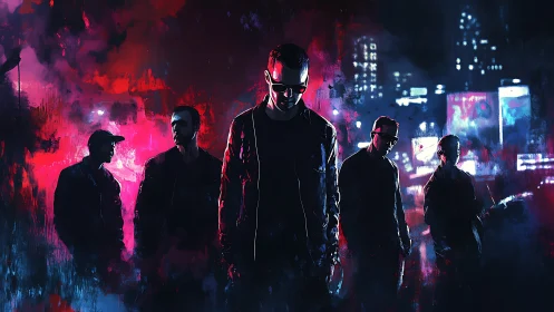 Urban night group in neon cityscape, strong silhouettes.