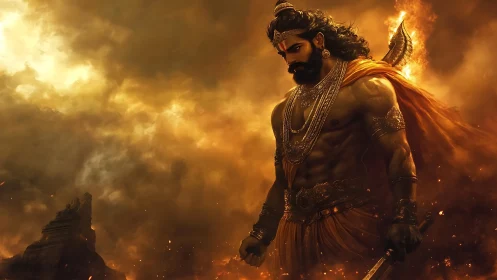 Mythic warrior in ember storm over ruined templescape.