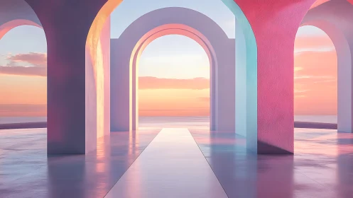 Pastel Arches Frame Serene Sunset Over Tranquil Waters.