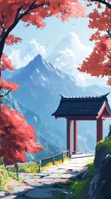 Mountain gate under crimson autumn canopy at sunrise.