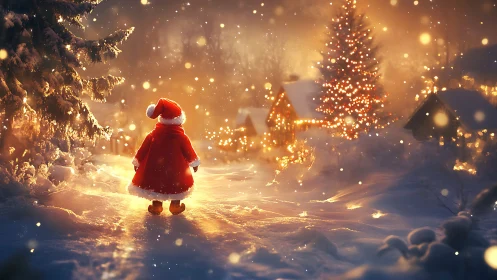Little Santa explores a glowing, storybook winter village.