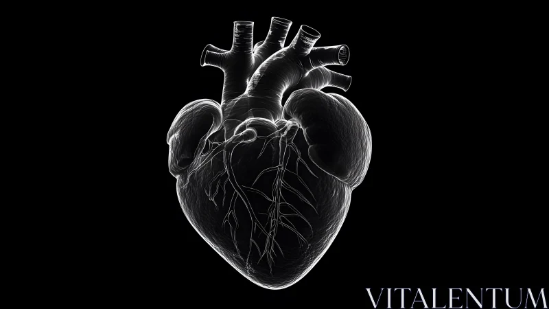 Anatomical Human Heart Illustration in X-ray Style on Black Background.