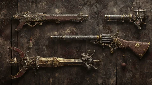 Steampunk rifles and pistols mounted on weathered wooden wall