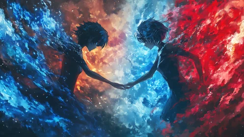 Elemental twins converging within swirling fire and ice vortex.