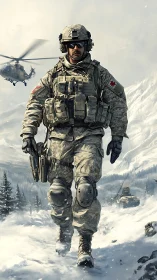 Armed soldier advancing through snowy mountain terrain.