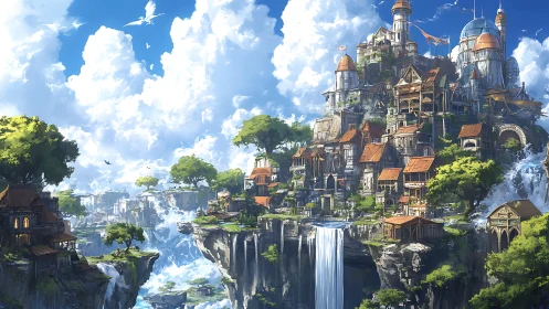 Floating cliff city with waterfalls under bright sky.