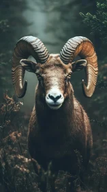Majestic ram in misty forest with dramatic curled horns.