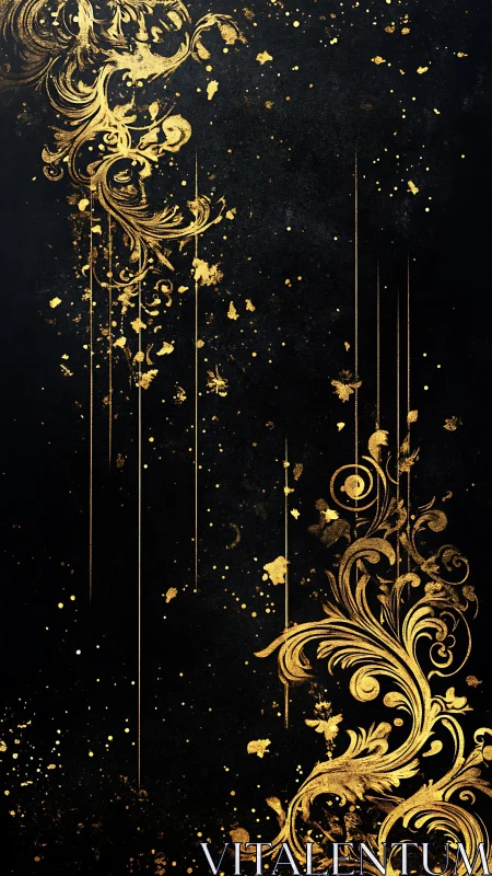 Gold ornamental flourishes overlay textured black background