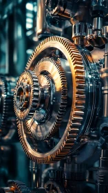 Intermeshed metallic gear assembly is shown in close detail