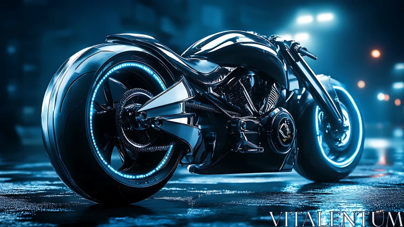 Futuristic electric motorcycle on wet city street at night.