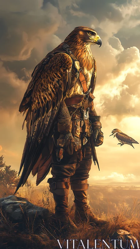 Hawk warrior stands watch above sunlit windswept plains.