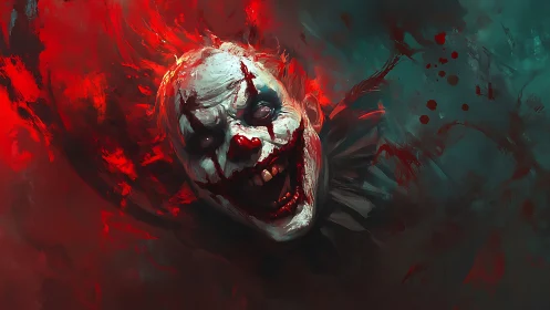 Chromatic horror study of deranged clown head in motion blur.