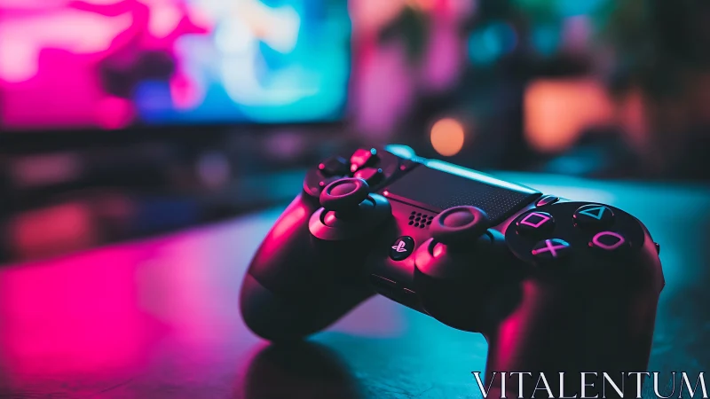 Dual-analog game controller under neon bokeh illumination.