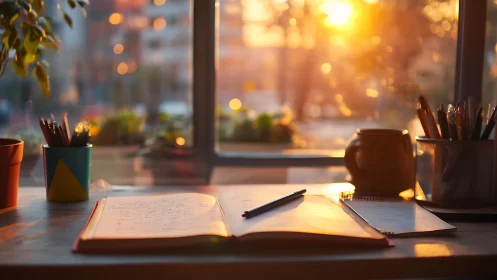 Sunlit writing desk captures warm golden hour inspiration.