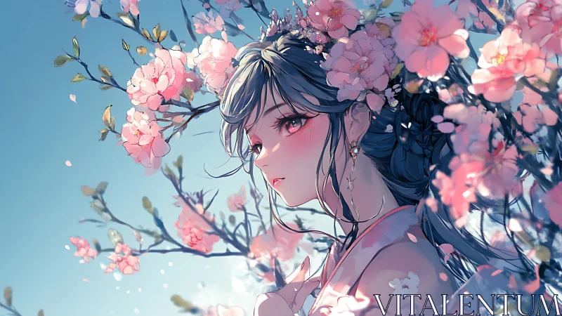 Spring blossom maiden in soft pastel anime portrait.