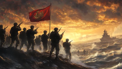 Armed soldiers advance from shoreline toward naval vessels at dawn