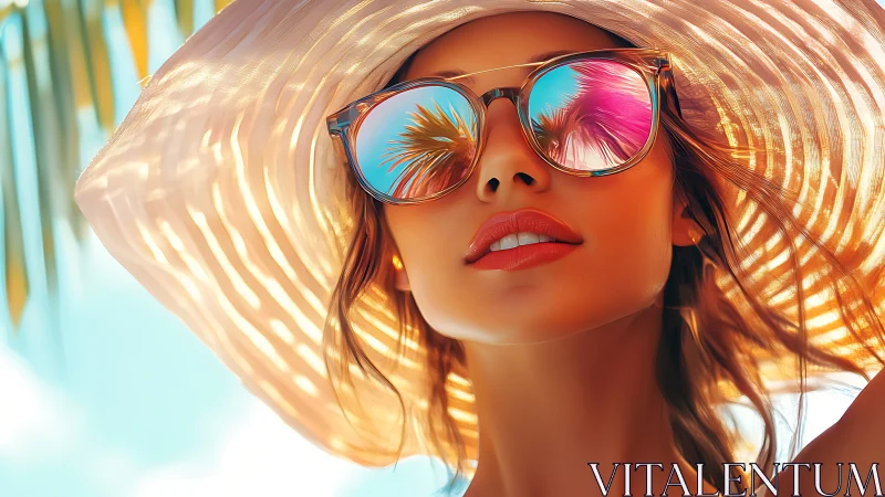 Woman in sunhat with palm reflections in sunglasses.