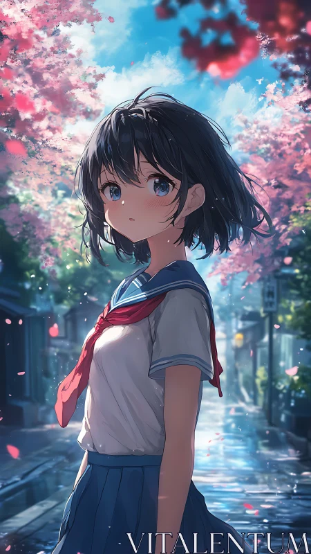 Blossom lane daydream with shy schoolgirl in blue uniform.