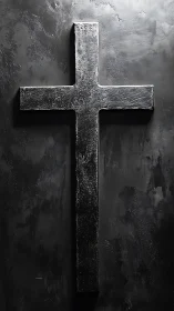 Forged steel cross glows softly on storm-dark concrete wall.