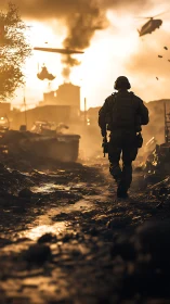 Backlit tactical operator advancing through urban warzone.