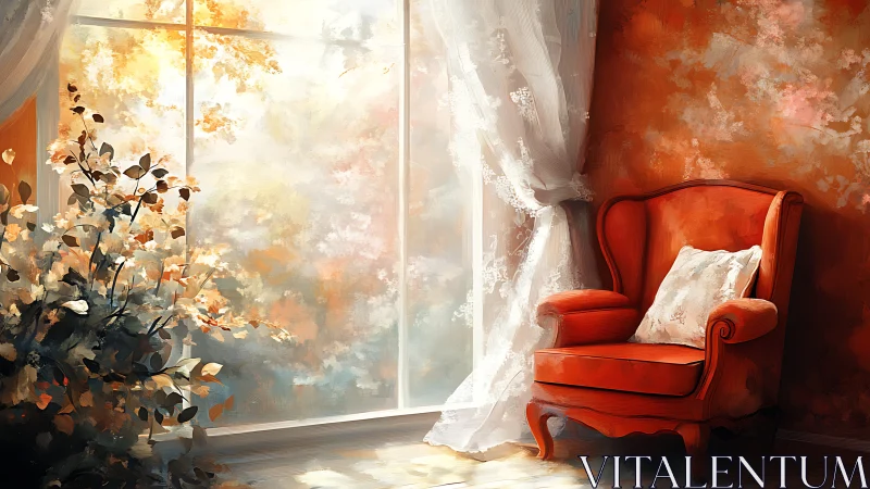 Sunlit red armchair by lace-draped window in painterly interior