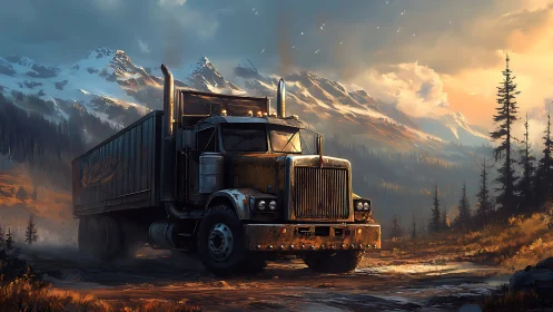 Mountain dusk crowns a lone diesel titan with molten light