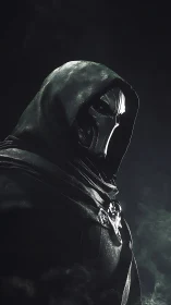 Hooded armored figure with reflective mask in low key lighting