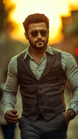 Stylish man walks confidently through golden sunset streets.