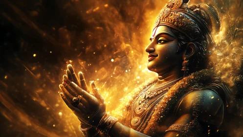Radiant Hindu deity in golden aura, captured in reverent focus.