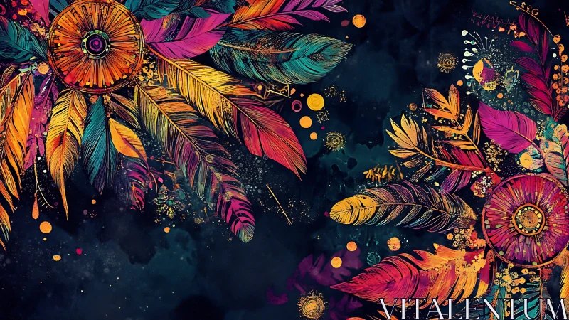 Dancing neon feathers swirl around glowing mandala circles