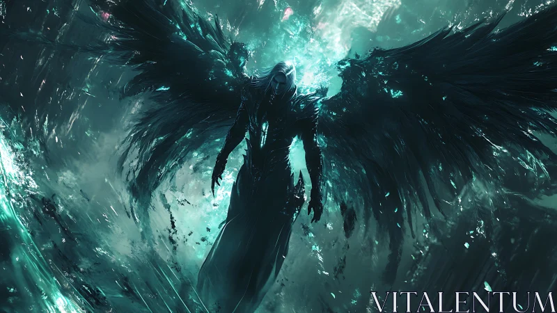 Shadowed angel rises in a storm of teal light and shattered night