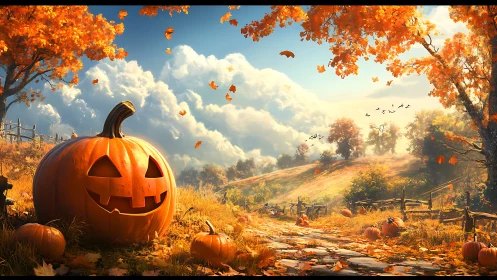Carved jack o lantern beside rustic autumn path under clouds