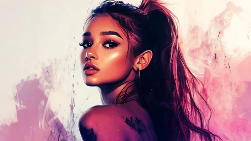 Digital portrait of young woman with pink abstract backdrop.