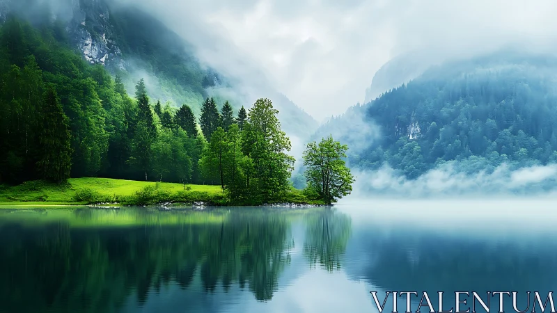 Misty mountain lake with dense green forest reflection.