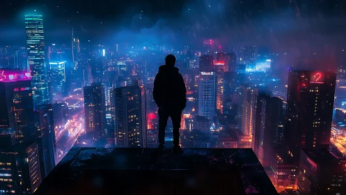 Silhouetted observer overlooks neon-soaked cyberpunk megacity