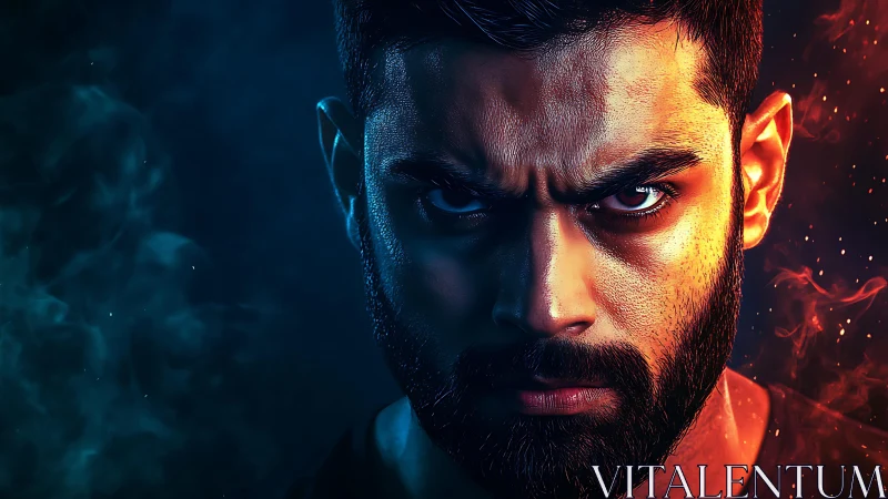 Intense male portrait split by blue and red dramatic lighting