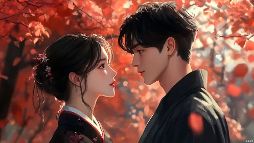 Autumn anime couple under red foliage in warm backlighting