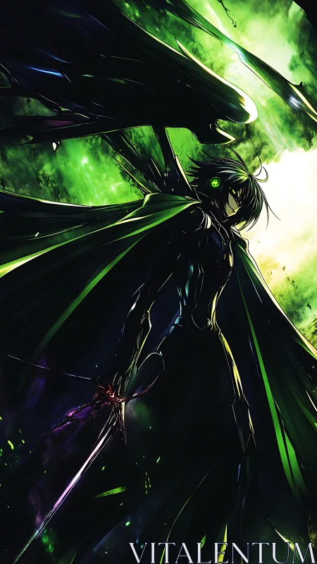 Dark winged anime warrior in toxic green light storm.