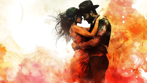 Couple in Embrace with Watercolor Aesthetic Overlay.