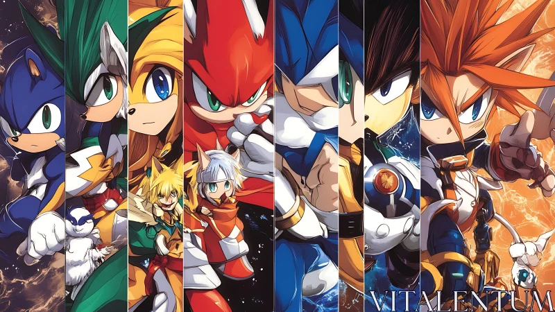 Dynamic anthropomorphic heroes in segmented anime composition.