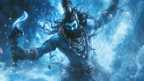 Divine blue warrior unleashes cosmic storm in swirling ice.