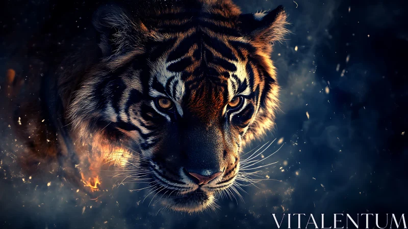 Fierce tiger portrait in glowing embers and dark smoke.