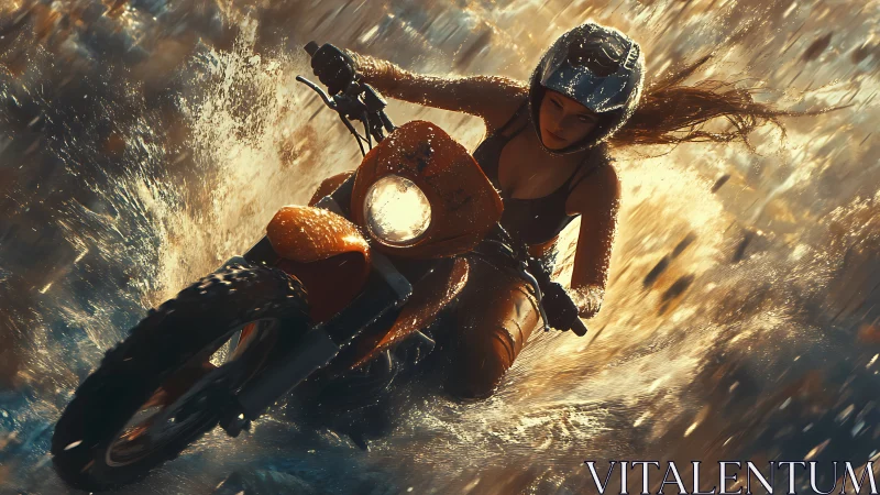 Woman on orange dirt bike cutting fast through water spray.