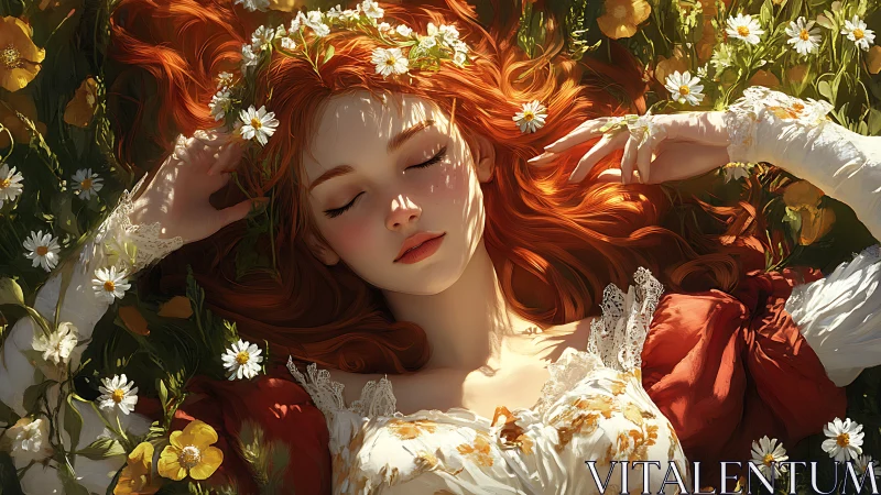 High-detail digital portrait of red-haired woman in floral meadow