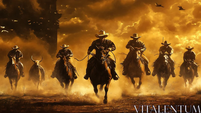 Golden storm riders drive cattle through cinematic dustscape.