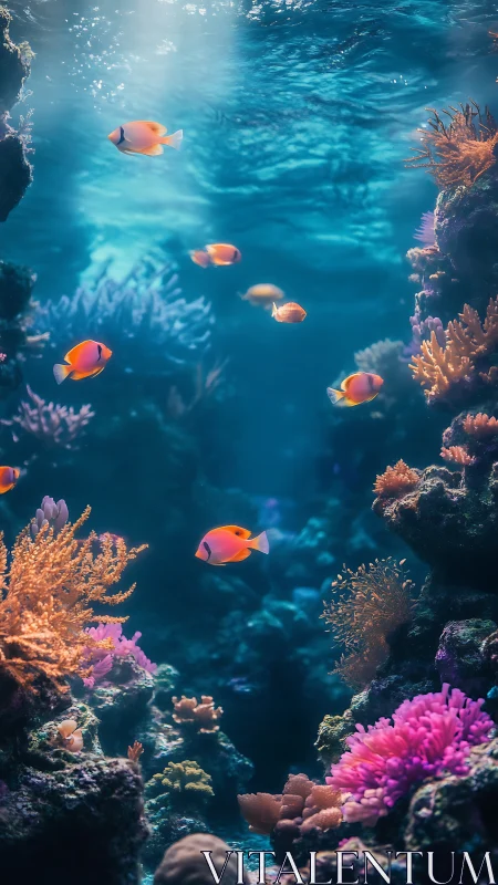 Sunlit coral canyon where neon reef fish quietly wander.