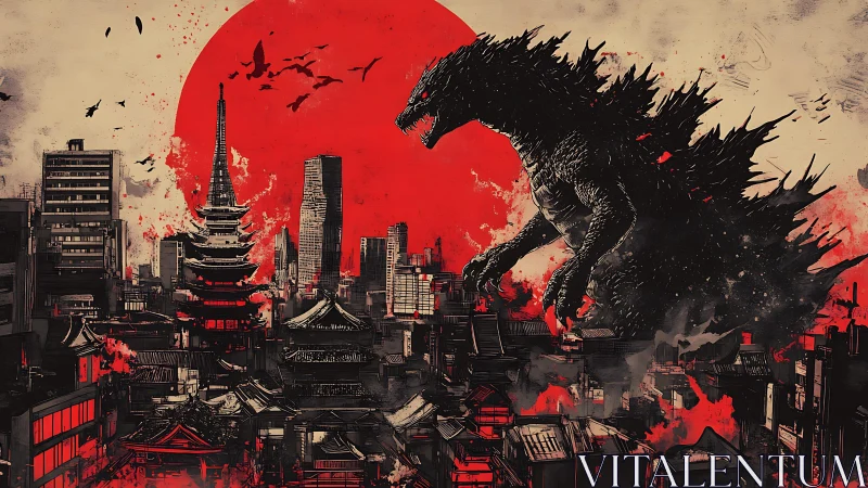 Godzilla silhouette towers over stylized burning Tokyo skyline